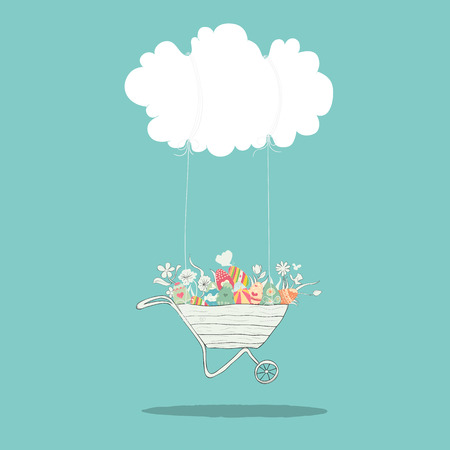 Cartoon happy easter swinging on a cart cloud with eggs,  digital illustration created without reference image.のイラスト素材