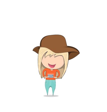 Teenage girl wearing hat playing with phone happy. Drawing by hand vectorのイラスト素材