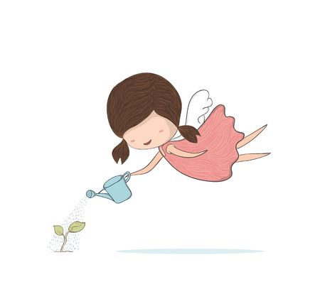 Cute doodle of a girl angel girl watering sapling, gardening, drawing by hand vectorのイラスト素材