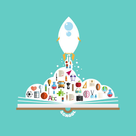Back to school flat illustration and flat stylized start up rocket. Flat stylized object.のイラスト素材