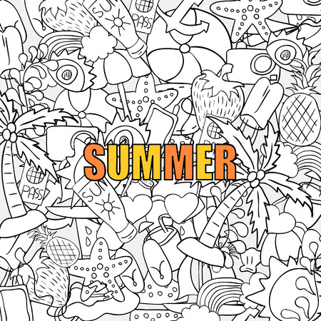 Summer beach hand drawn vector symbols and objects background, drawing by hand vectorのイラスト素材