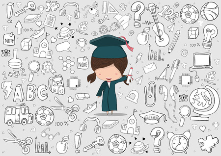 Girl graduated pupils education and back to school background, drawing by hand vectorのイラスト素材