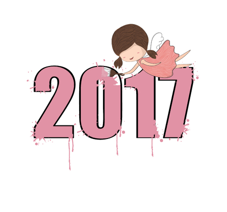 Cute doodle of a girl angel painting a 2017, drawing by hand vectorのイラスト素材