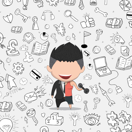 Vector illustration of a happy face businessman on icon business doodles. a concept of balancing personal life between office and exercise. drawing by hand vectorのイラスト素材