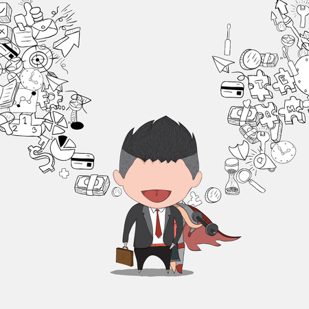 Vector illustration of a happy face businessman on icon business doodles. a concept of balancing personal life between office and exercise. drawing by hand vectorのイラスト素材
