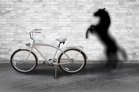 The concept of the hidden potential. Bicycle horse in the room which casts a shadow on the wall. The concept of world love and clean energy.の写真素材