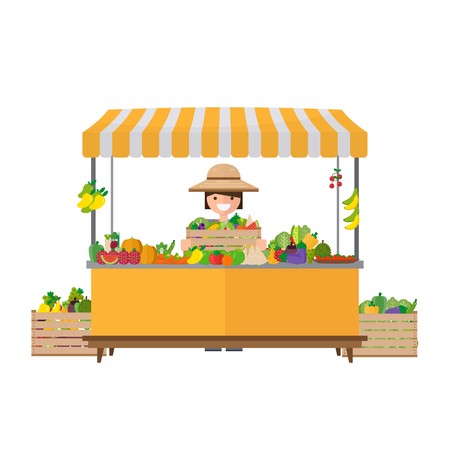 Vegetable Fruit local Shop. Farmer sell fresh natural products. Vector illustration in a flat style.のイラスト素材