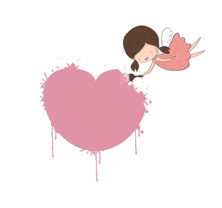 Cute doodle of a girl angel painting a Heart for Valentine, drawing by hand vectorのイラスト素材