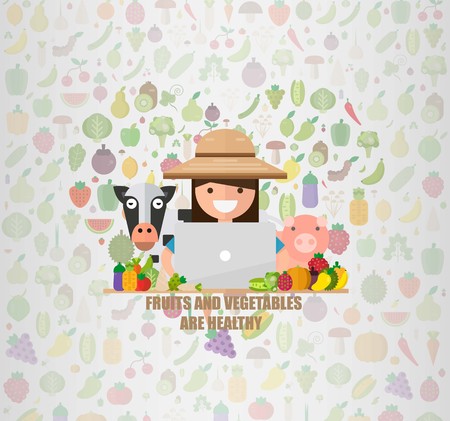 Sell concept with women farmer And laptop. Vegetable Fruit. Happy Farmer fresh natural products. Vector illustration in a flat style.のイラスト素材