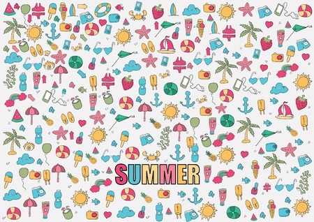 Vector illustration summer symbols and objects, drawing by hand vector.のイラスト素材