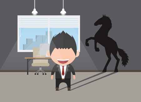 Business power concept. Businessman standing in front shadow his horse. Self confidence. Future goal. Self development. Vector illustration.のイラスト素材