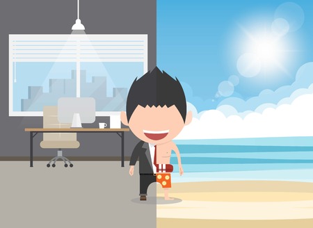 Happy face businessman a concept of balancing personal life between office and holiday. Vector illustration.のイラスト素材