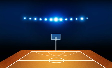 Basketball arena field with bright stadium lights design. Vector illuminationのイラスト素材