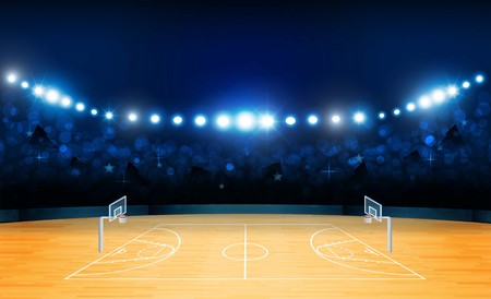 Basketball arena field with bright stadium lights design. Vector illuminationのイラスト素材