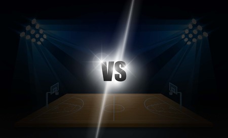 Basketball arena field with bright stadium lights design.match vs strategy broadcast graphic template. Vector illuminationのイラスト素材
