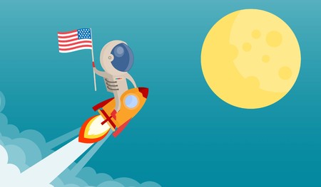 Flag of the United States to the moon by astronaut riding a rocket and smoke through cloud into space. flat design. Vector illustration.のイラスト素材