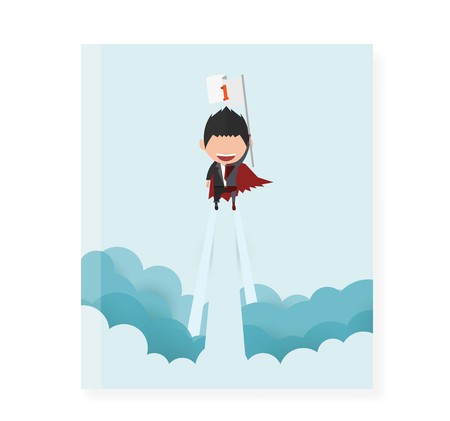 Cover report a happy face superhero businessman on sky.startup concept. flat design. Vector illustration.のイラスト素材