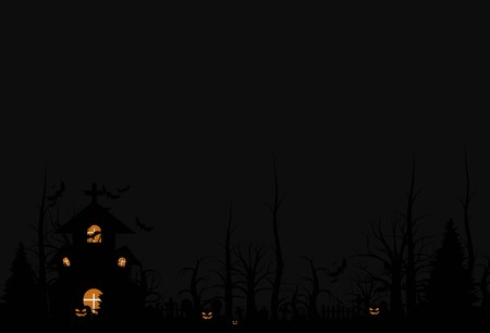 Happy Halloween background and scary tree pumpkin on graveyard dark night and tombstone black bat. church on graveyard. Vector illuminationのイラスト素材