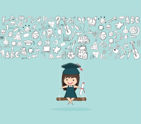 Girl graduated pupils swinging on a back of school, drawing by hand vectorのイラスト素材