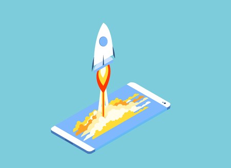 Smartphone Touchscreen mobile phone glows Rocket and smoke through cloud Business startup concept. 3d isometric flat design flat design vector illustration.のイラスト素材