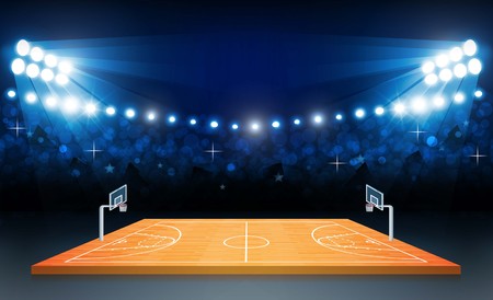 Basketball arena field with bright stadium lights design. Vector illuminationのイラスト素材