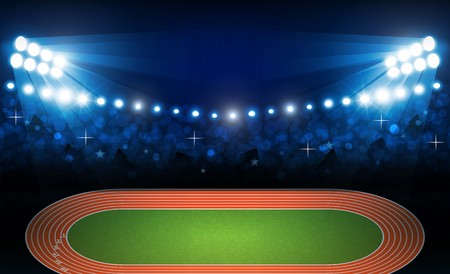 Running track arena field with bright stadium lights vector design and information scoreboard. Vector illuminationのイラスト素材