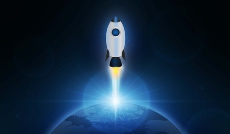 Rocket launch and earth into space. Startup - flat design. Vector illustration.