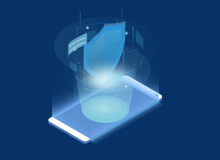 Smartphone Touchscreen mobile phone glows and Personal data protection. Cyber security. Traffic Encryption, VPN, Antivirus. isometric flat design. Vector illustration.のイラスト素材