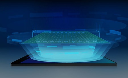 Phone on American football arena field with bright stadium lights design. Vector illumination