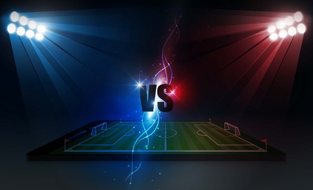 Soccer Arena field with bright stadium lights. Logo Sport Football Academy club match vs strategy broadcast graphic template. Vector illuminationのイラスト素材