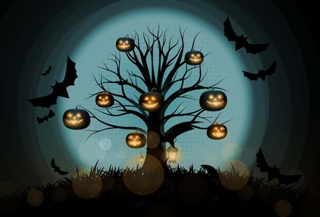 Dark Cute halloween pumpkins and big tree. vector illustration.のイラスト素材