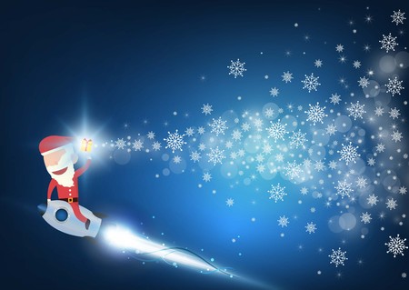 Santa claus drive rocket launch and smoke through cloud into space. Startup - flat design. Vector illustration.のイラスト素材