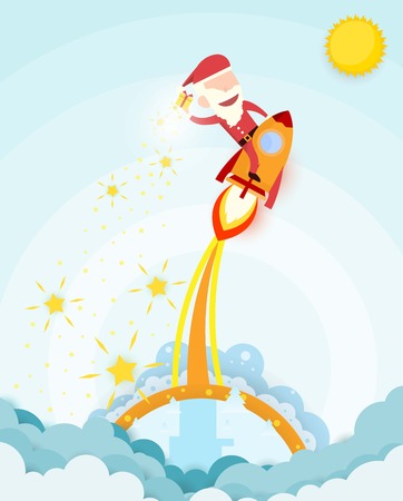 Santa claus drive rocket launch and smoke through cloud into space. Startup - flat design. Vector illustration.のイラスト素材