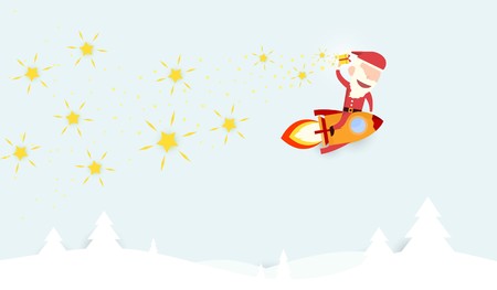 Santa claus drive rocket launch and smoke through cloud into space. Startup - flat design. Vector illustration.のイラスト素材
