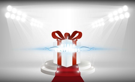 Bright stadium lights open gift box with merry christmas bright rays of light. vector illustrationのイラスト素材