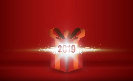 Open gift box with merry christmas bright rays of light. vector illustrationのイラスト素材