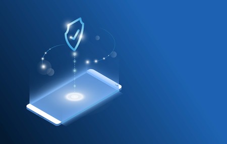 Smartphone Touchscreen mobile phone glows and Progress upload Personal data protection. Cyber security. Traffic Encryption, VPN, Antivirus. isometric flat design. Vector illustration.のイラスト素材