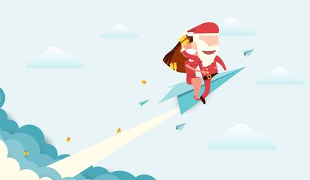 Santa claus riding a paper plane and smoke through cloud flat vector design.のイラスト素材