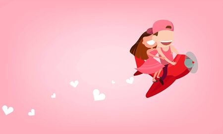 Cute cartoon Wedding couple men and women card drives airplane  launch and heart cloud. Startup - flat design., cute Valentine's Day cardのイラスト素材