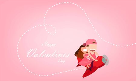 Cute cartoon Wedding couple men and women card drives airplane  launch and heart cloud. Startup - flat design., cute Valentine's Day cardのイラスト素材