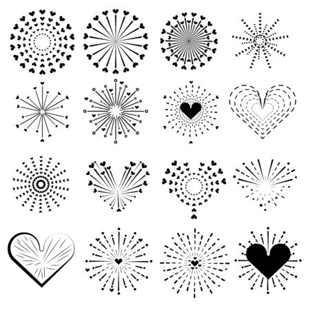 firework line icon set and Valentine's day heart happy new year firework vector designのイラスト素材