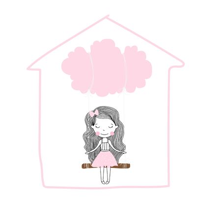 Cute little girl in pink with swinging on a cloud cartoon for stay at home vector designのイラスト素材