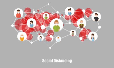 Social Distancing and play social media, People keeping distance for infection risk and disease, wearing a surgical protective Medical mask for prevent virus Covid-19. Health care concept.のイラスト素材