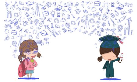 Concept of education Schoolgirl and girl graduated pupils back to school background design vector.のイラスト素材