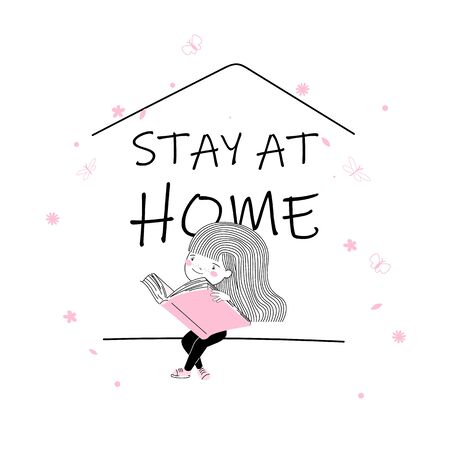 Cute little Student girl read a in Stay at home and be safe sign. pink and with on a book cartoon style. t-shirt print, back to school, vector designのイラスト素材