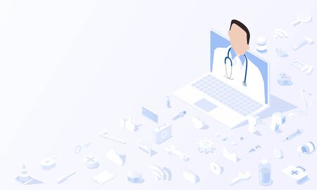 Consult a doctor Social media channels Medical Technology tool monitoring concept in isometric background vector design.のイラスト素材