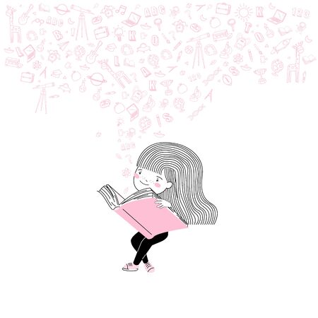 Cute little Student girl read a book icon back to school background design vector.のイラスト素材