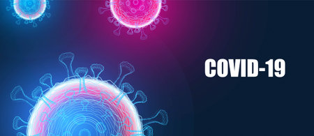 Dark background with bacteria and the inscription coronavirus COVID-2019 on a blue Abstract bokeh...