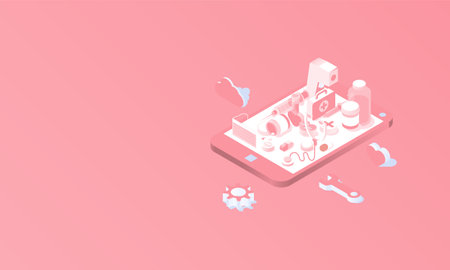 Mobile is a medical tool and Can help and basic treatment Social media monitoring concept in isometric background and Health care Concept. vector design.のイラスト素材