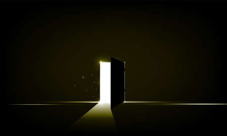 Abstract Dark Room Light Coming In Through an Open Door - New Possibilities, Hope, Overcome Problems, Solution Finding Conceptのイラスト素材